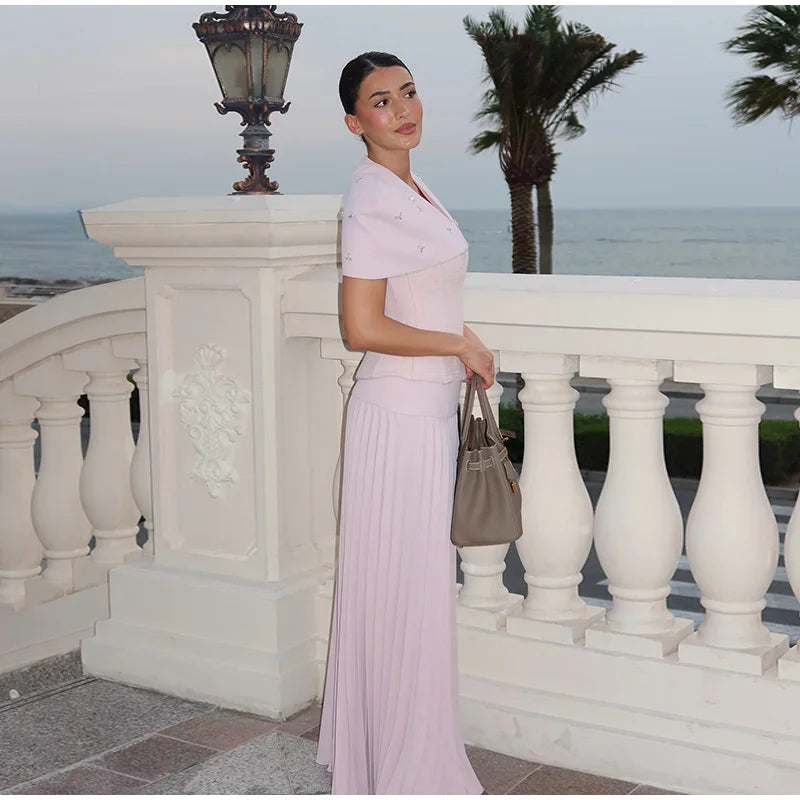 Elegant Shawl Pleated Top Long Skirt Women Set Sleeveless Tops Diamond Shawl High Waist Fashion Evening Skirts Summer Lady Suit