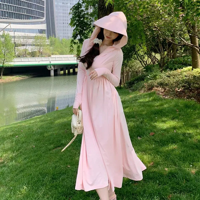 Long sunscreen clothes women's 2026 summer new dress UV protection full body sunscreen clothes ice silk long dress blouse