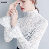 Sexy Transparent Long Sleeve Top Women 2024 Fashion Autumn Winter Basic Lace Blouses White Black Hollow Blusas Mujer Oversized