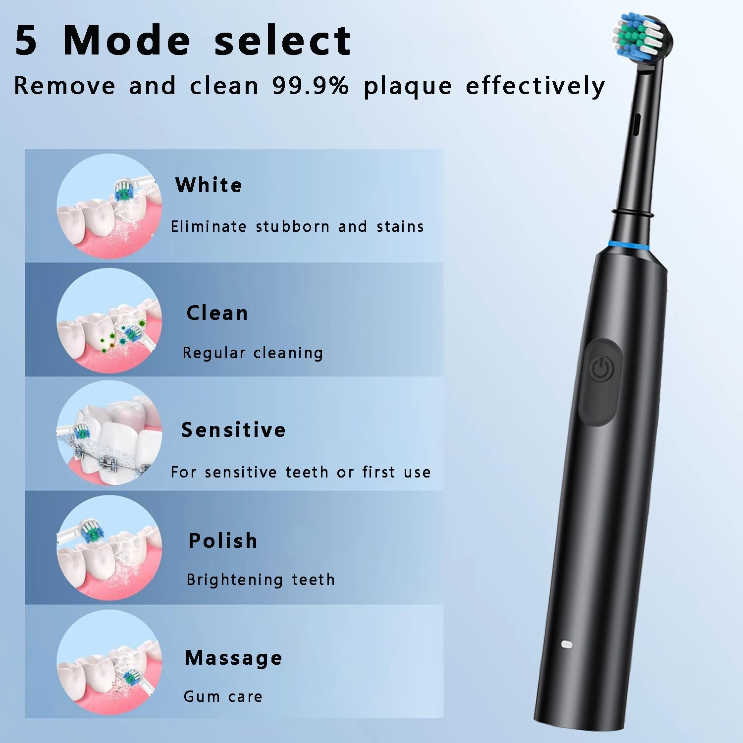 Rotation Electric Toothbrush Waterproof USB Rechargeable Electric Toothbrush 8 Brush Replacement Heads for Adult Oral Care