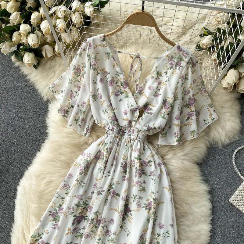 Retro Floral Print Ruffle Chiffon Elegant Midi Dress A-line V Neck Beach Vacation Dress Women Korean Fashion Summer Vestidos