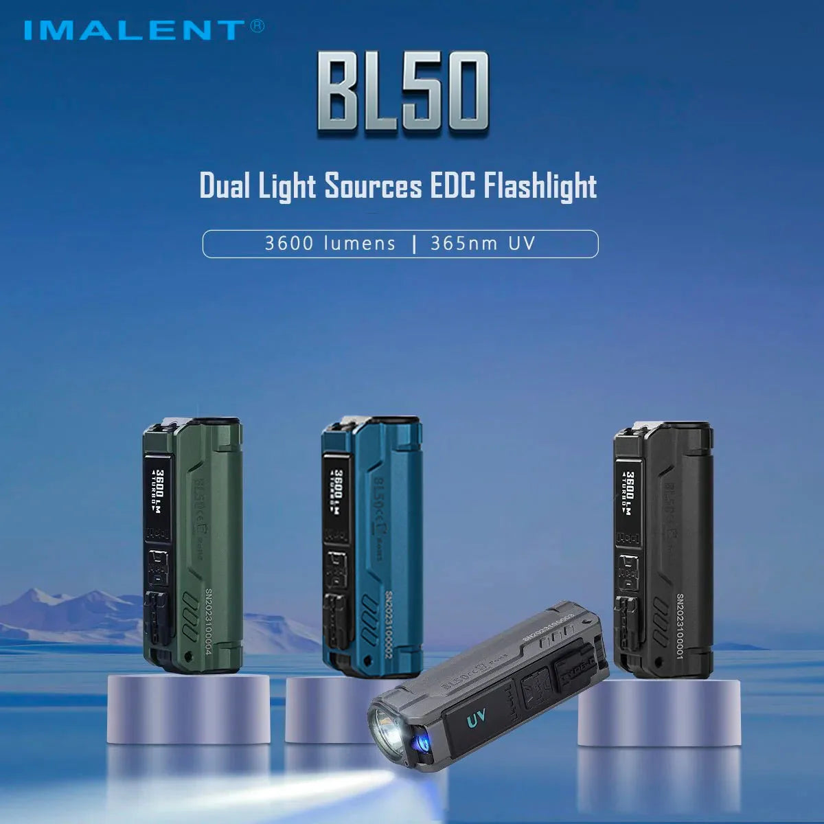 IMALENT BL50 Dual Light Sources EDC Flashlight, XHP50.3 HI LED 3600 Lumens White Light and 365nm UV, 428m Beam Throw,for Camping