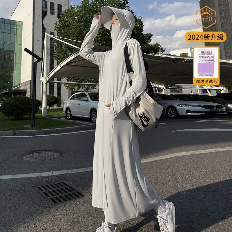 Long sunscreen clothes women's 2026 summer new dress UV protection full body sunscreen clothes ice silk long dress blouse