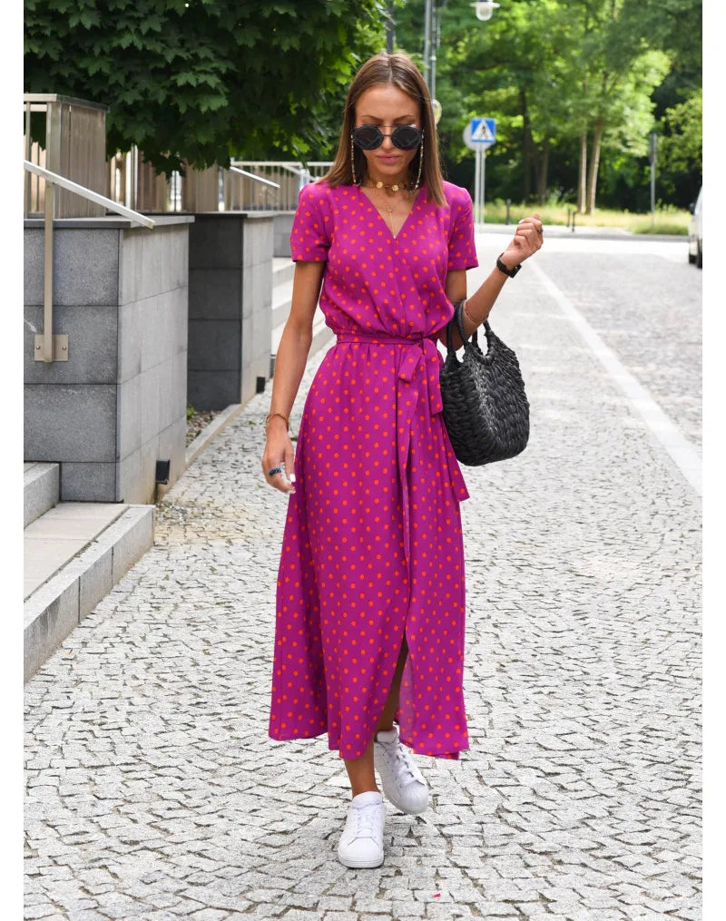 Summer Polka Dot Split Hem Long Dress Women 2023 New Fashion V Neck Print Sundress Vestidos Short Sleeved Waisted Lace-up Dress