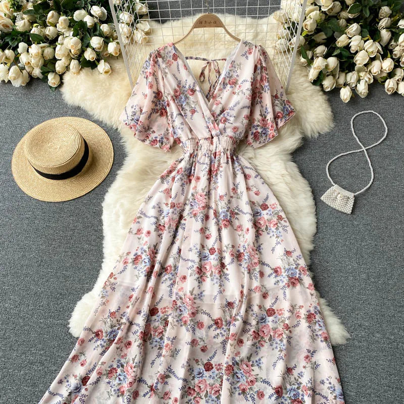 Retro Floral Print Ruffle Chiffon Elegant Midi Dress A-line V Neck Beach Vacation Dress Women Korean Fashion Summer Vestidos