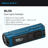 IMALENT BL50 Dual Light Sources EDC Flashlight, XHP50.3 HI LED 3600 Lumens White Light and 365nm UV, 428m Beam Throw,for Camping