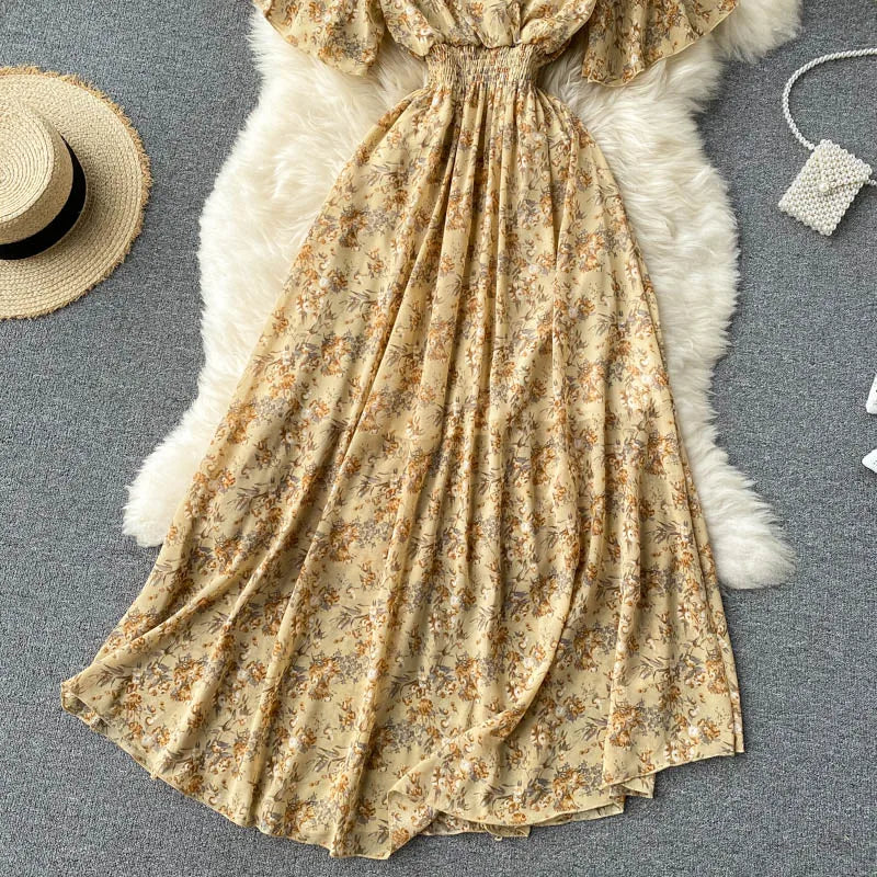 Retro Floral Print Ruffle Chiffon Elegant Midi Dress A-line V Neck Beach Vacation Dress Women Korean Fashion Summer Vestidos