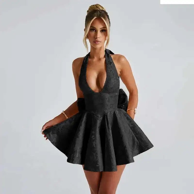 Townlike Jacquard Bow Waist Wrap A-line Dress Women Halter Mini 2025 Spring Summer Dress Nightclub Sexy Party Dresses