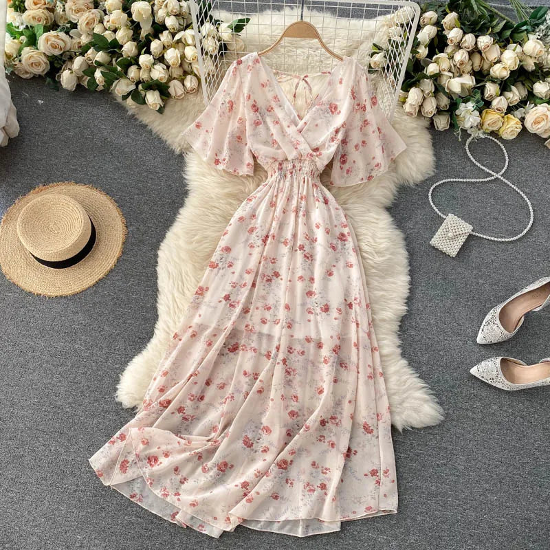 Retro Floral Print Ruffle Chiffon Elegant Midi Dress A-line V Neck Beach Vacation Dress Women Korean Fashion Summer Vestidos