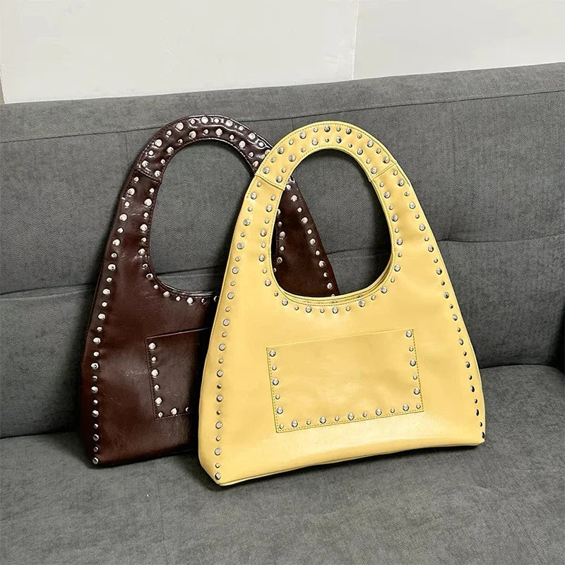 New Brand Rivet Decor Design Vintage Shoulder Bag Punk Handbag Coffee Underarm Bag High Capacity Luxury Design Lady Tote Bag