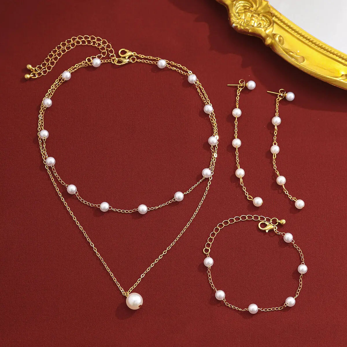 Ingemark Elegant Imitation Pearl Chain Necklace Bracelet Drop Earrings for Women Wed Bridal Jewelry Set Party Accessories Gift