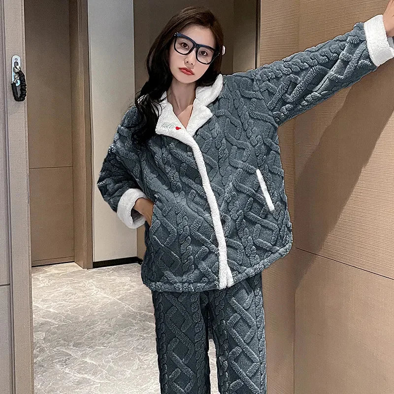 Coral Fleece sleepwear For women Autumn Winter Button Thicken Flannel Long sleeved Warm Flannel Home clothes Women Pajamas Sets