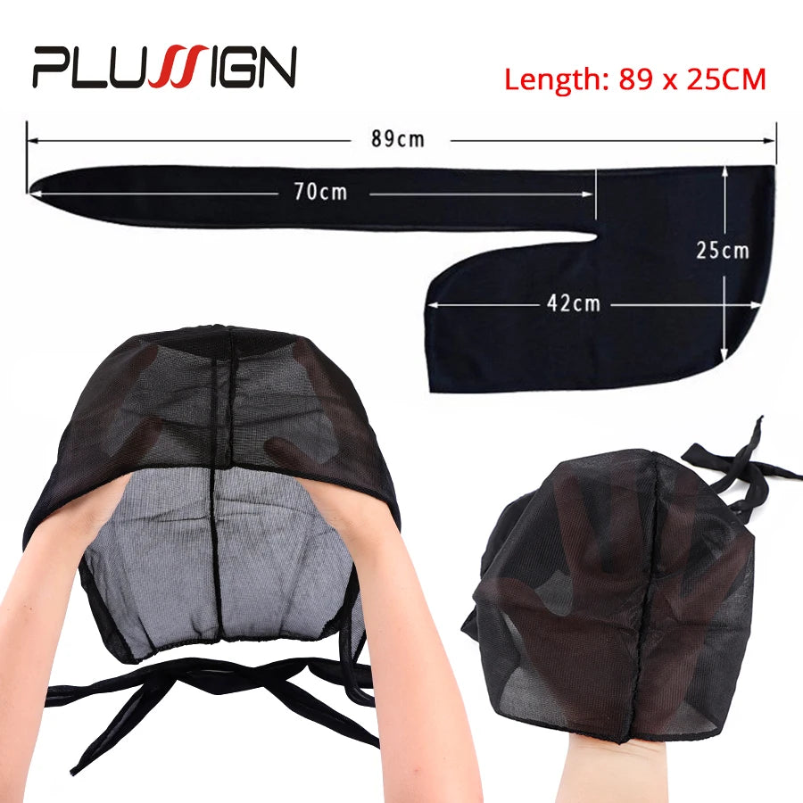 Plussign 1Pcs Durag Black White Silk Head Wrap Durag Man Headwear Headband Durag Hombre Long Tail Du-Rag Wig Accessories