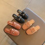 Girl's Slippers Stylish Metal Chain Pu Leather Slip-on Summer Kids Sliders Cover Toe 26-36 Four Colors Luxury Girl's Sandals