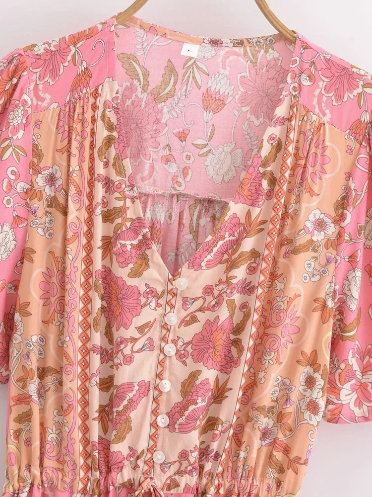 Happie Queens Women Floral Print Tie Neck Beach Bohemian Maxi Dresses Ladies Rayon Cotton Boho Pleated Dress Vestidos