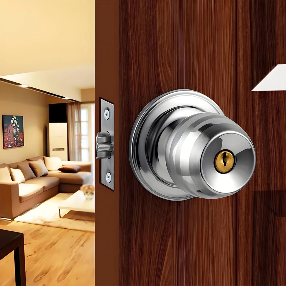 1set Safety Lock Door Handle Stainless Steel Door Knobs Entrance Round Doorknob Passage Door Lock with Key for Home Office Hotel