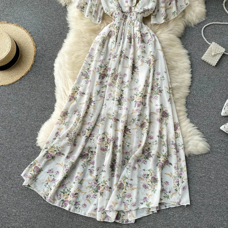 Retro Floral Print Ruffle Chiffon Elegant Midi Dress A-line V Neck Beach Vacation Dress Women Korean Fashion Summer Vestidos