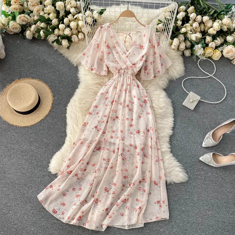 Retro Floral Print Ruffle Chiffon Elegant Midi Dress A-line V Neck Beach Vacation Dress Women Korean Fashion Summer Vestidos