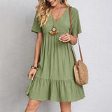 Women V Neck Short Sleeve Pleated Loose Dress Summer Fashion Solid Baggy Solid Party Dresses FYY-894