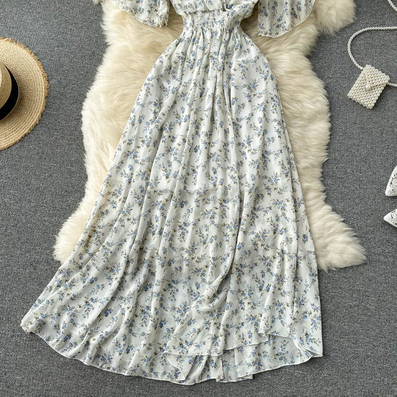 Retro Floral Print Ruffle Chiffon Elegant Midi Dress A-line V Neck Beach Vacation Dress Women Korean Fashion Summer Vestidos