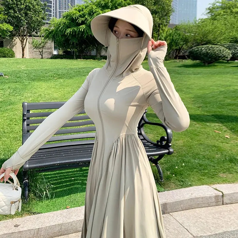 Long sunscreen clothes women's 2026 summer new dress UV protection full body sunscreen clothes ice silk long dress blouse