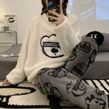 2PCS/Set thickened warm facecloth plus size women's pajamas long-sleeved autumn and winter warm cartoon bear coral fleece studen