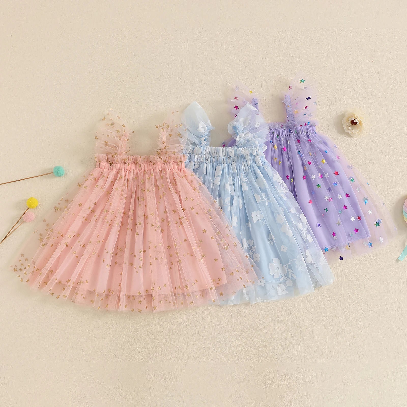 MISOWMNJOY Summer Chiffon Baby Girl Tulle Dresses Princess Glitter Flower Print Fly Sleeve Square Neck Kids Sundress Clothes