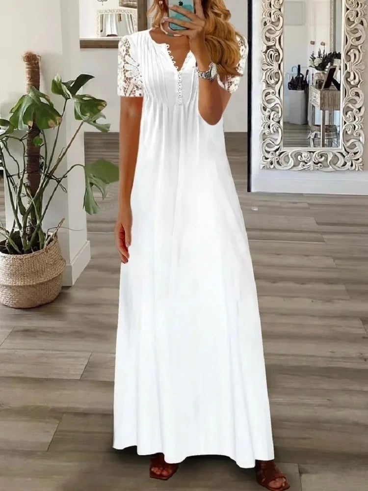 Woman Dress Superior Quality Summer Lace Sleeve V Neck A Line Solid Color Dresses Casual Vestidos Dropshipping JYFZ1690