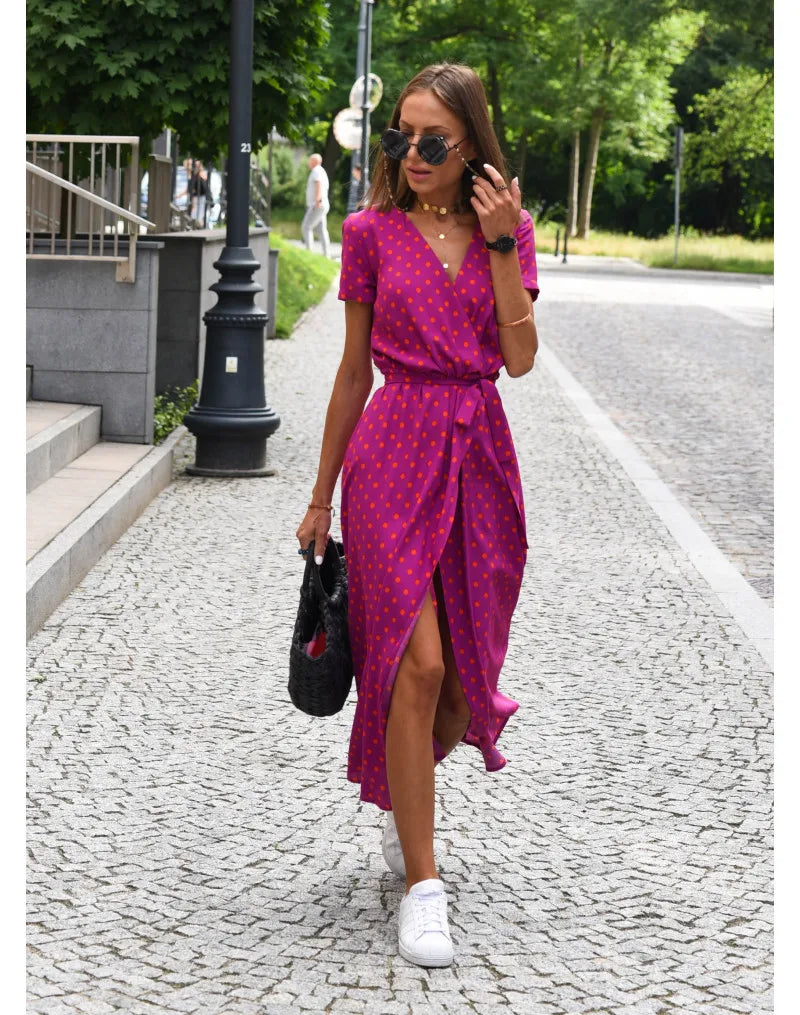 Summer Polka Dot Split Hem Long Dress Women 2023 New Fashion V Neck Print Sundress Vestidos Short Sleeved Waisted Lace-up Dress