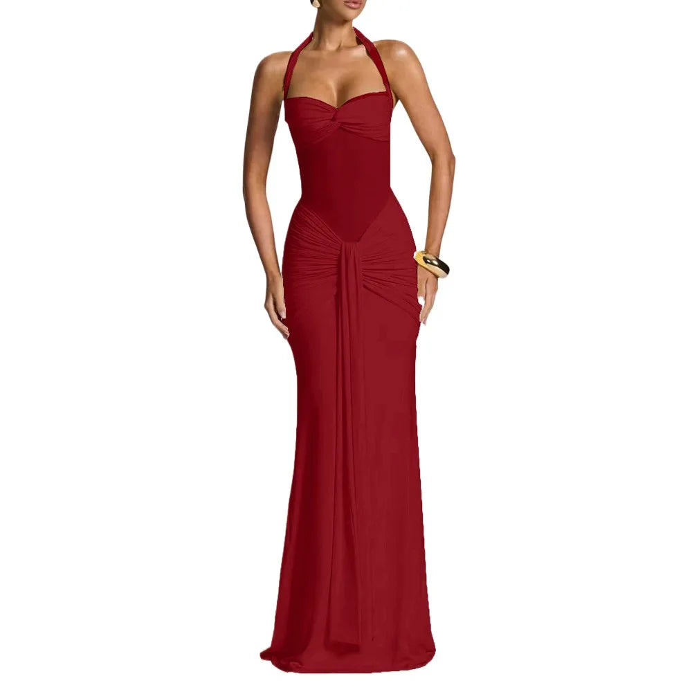 Women Evening Party Long Maxi Dress Elegant Mesh Patchwork Backless Slim Pleated Ribbon Tulip Vestidos OUFY-EYS250732
