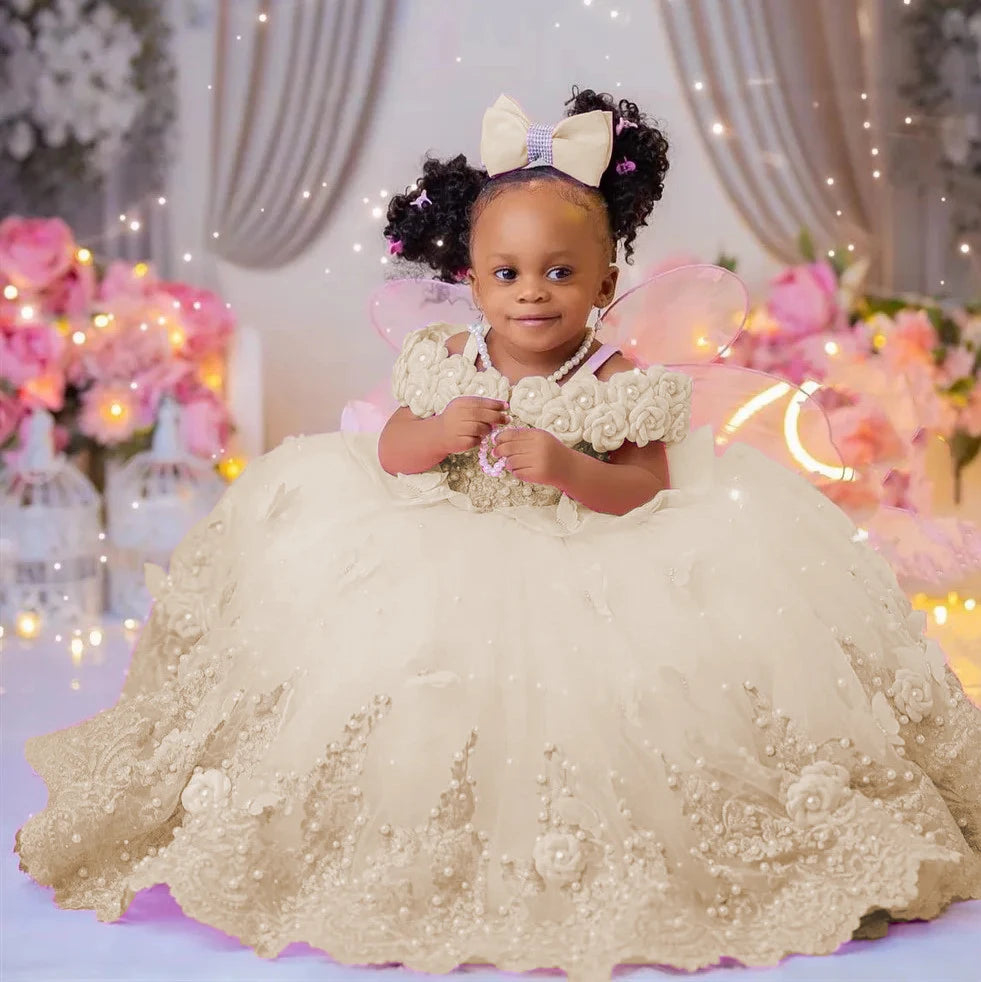 Flower Girl Dresses For Wedding Luxury Pink Tulle Pearls Lace Ball Gown Princess First Communion Birthday Photos Shoot Dresses