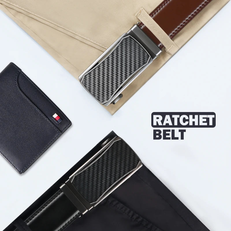 Genuine Leather Ratchet Belt for Men - Adjustable Automatic Buckle,Casual Business Style, High-Quality Leather Panel