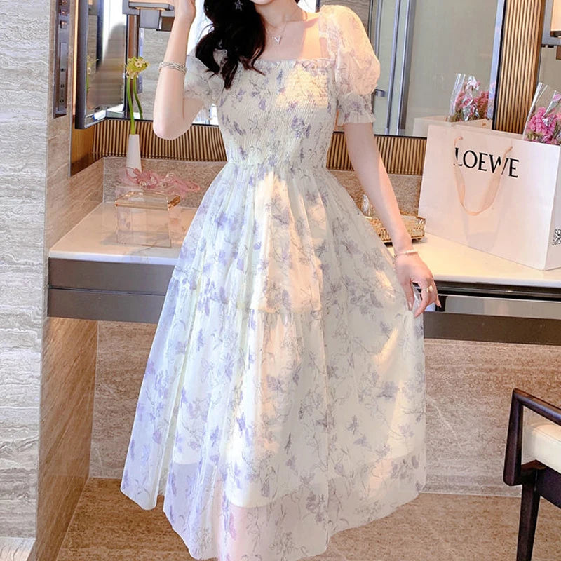 2026 Summer White Chiffon Long Dress Casual Floral Party Dress Elegant Short Sleeve Fairy Dresses for Women Sweet Beach Clothing