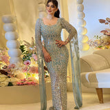 Sharon Said Luxury Arabic Turquoise Evening Dresses with Cape Sleeves Elegant Sqaure Neck Dubai Women Wedding Party Gowns SS469