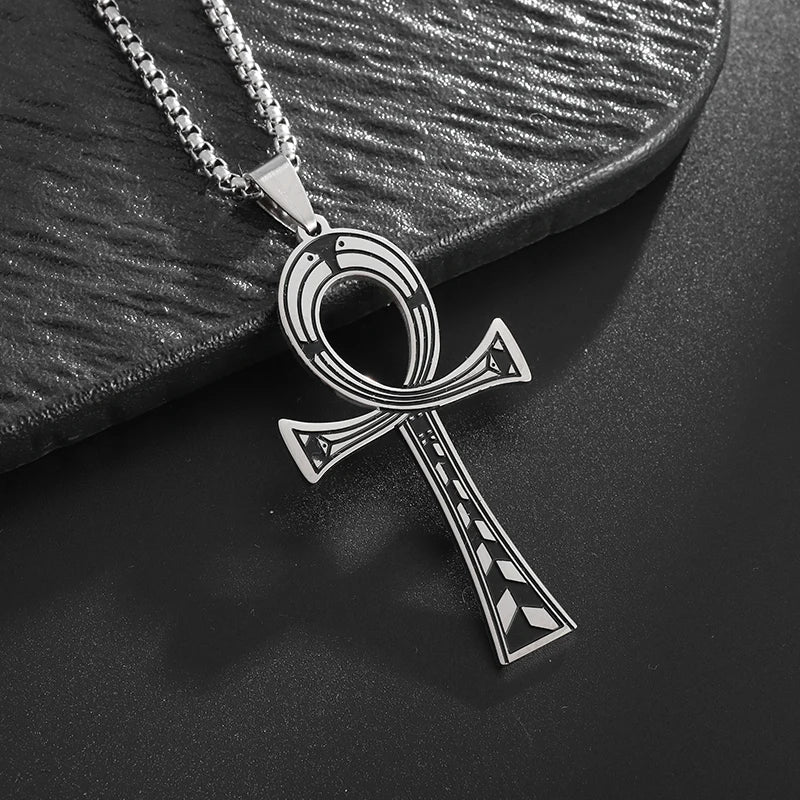 Ancient Egyptian Cross Life Key Pendant Necklace Retro Pharaoh Patron Saint Amulet Stainless Steel Jewelry for Men and Women