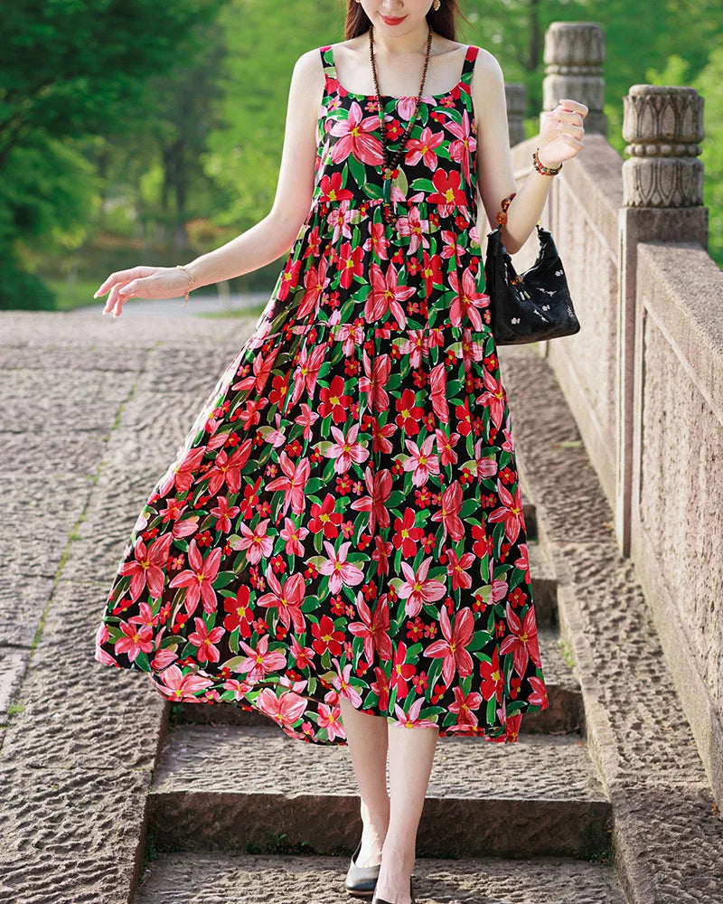 New Fashion Casual 2025 Summer Elegant Dresses For Women O-Neck Print Vintage Sleeveless Dress Loose Women Clothing