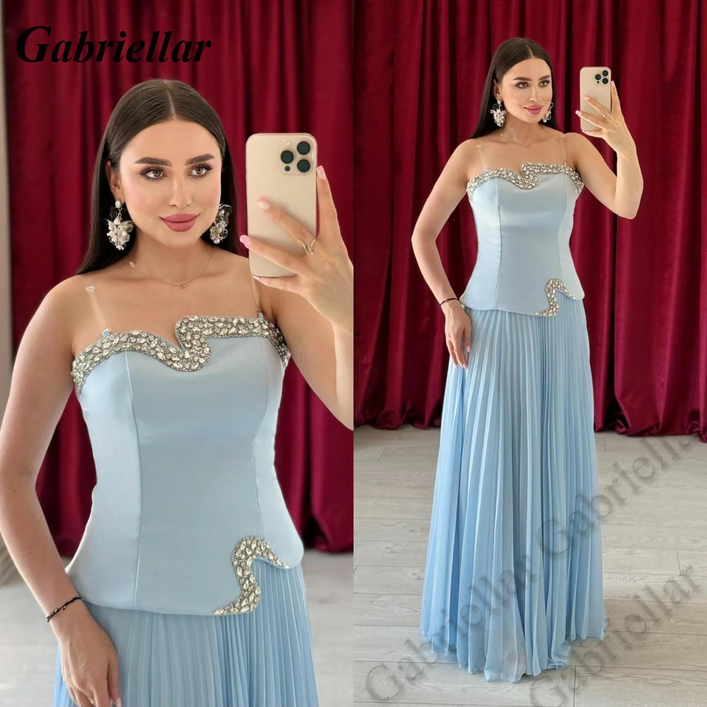 Gabriellar Stylish Rhinestones Eveining Dresses Dubai Sleeveless A-line Chiffon Pleats Elegant Party Dresses Customized