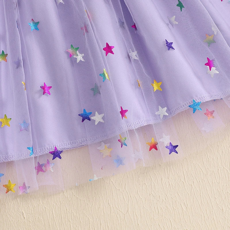 MISOWMNJOY Summer Chiffon Baby Girl Tulle Dresses Princess Glitter Flower Print Fly Sleeve Square Neck Kids Sundress Clothes