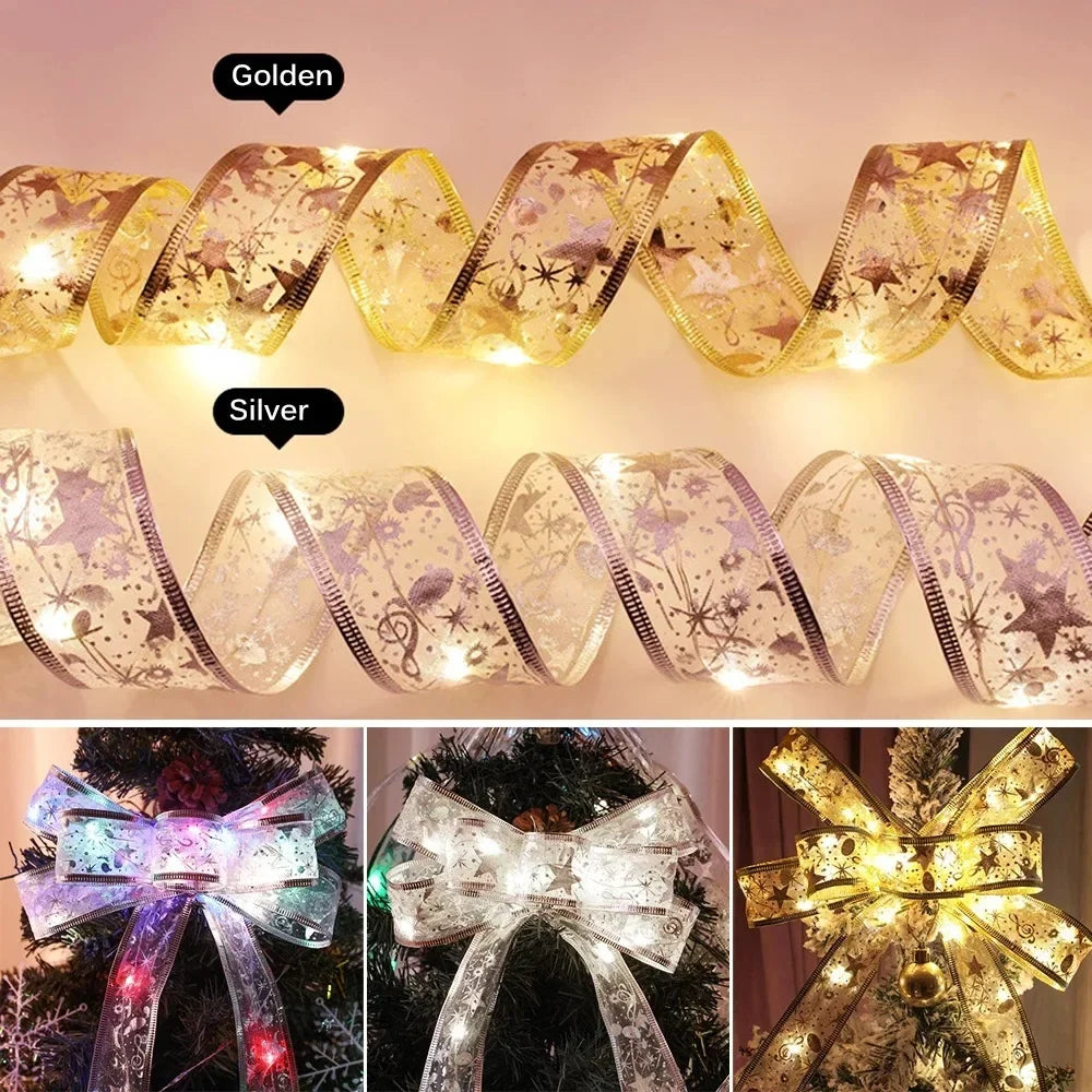 2/5/10M Christmas Ribbon Bows Fairy Light String Holiday Wedding Garland Decorations for Home Xmas Tree Navidad Gifts New Year