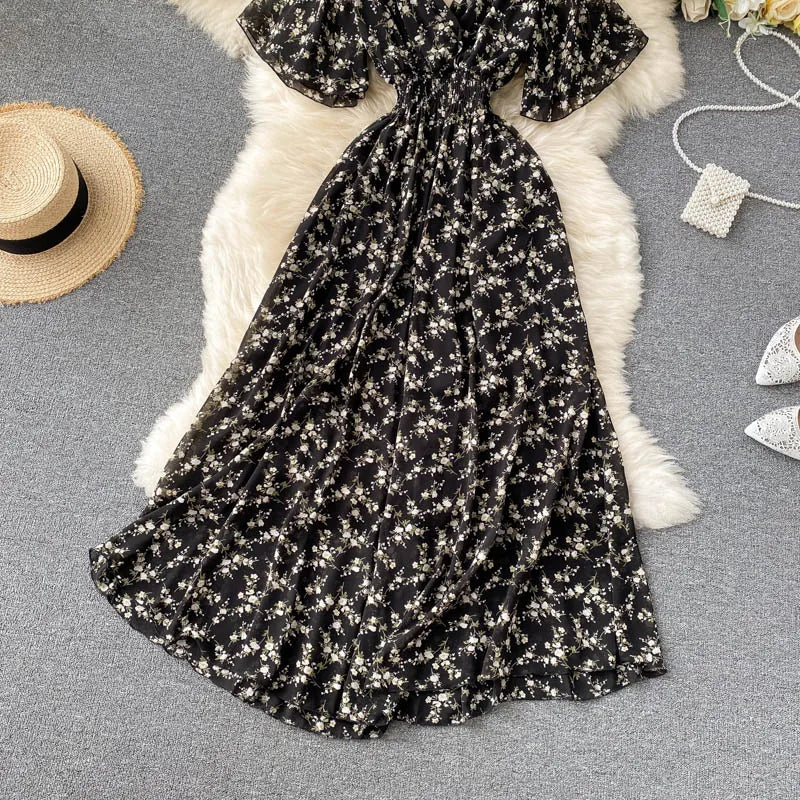 Retro Floral Print Ruffle Chiffon Elegant Midi Dress A-line V Neck Beach Vacation Dress Women Korean Fashion Summer Vestidos