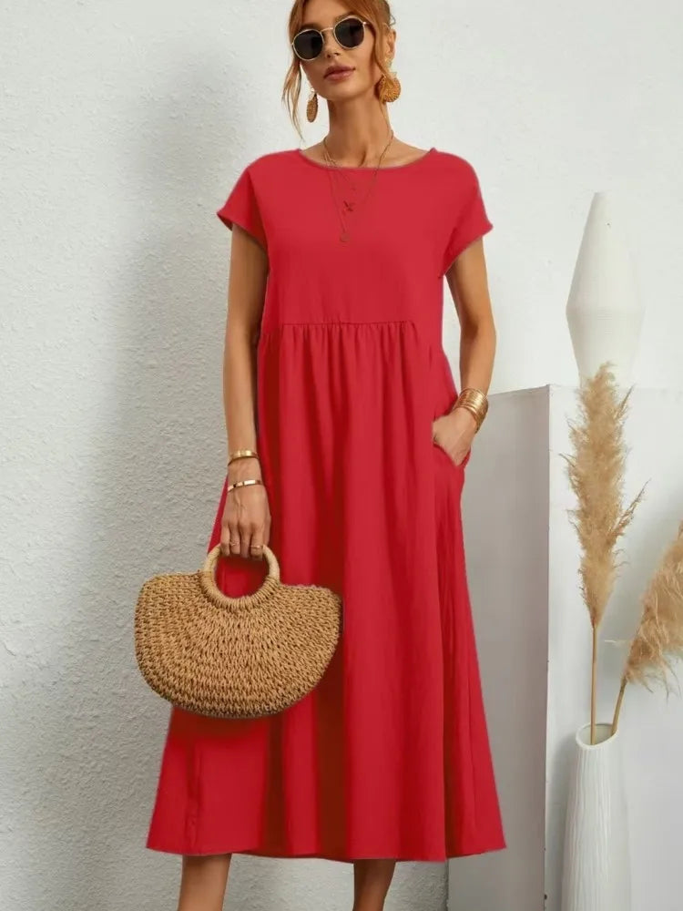 Women's Casual White Short Sleeve Midi Dress Summer Round Neck Cotton And Linen Vintage Loose Long Dresses With Pockets Y2K