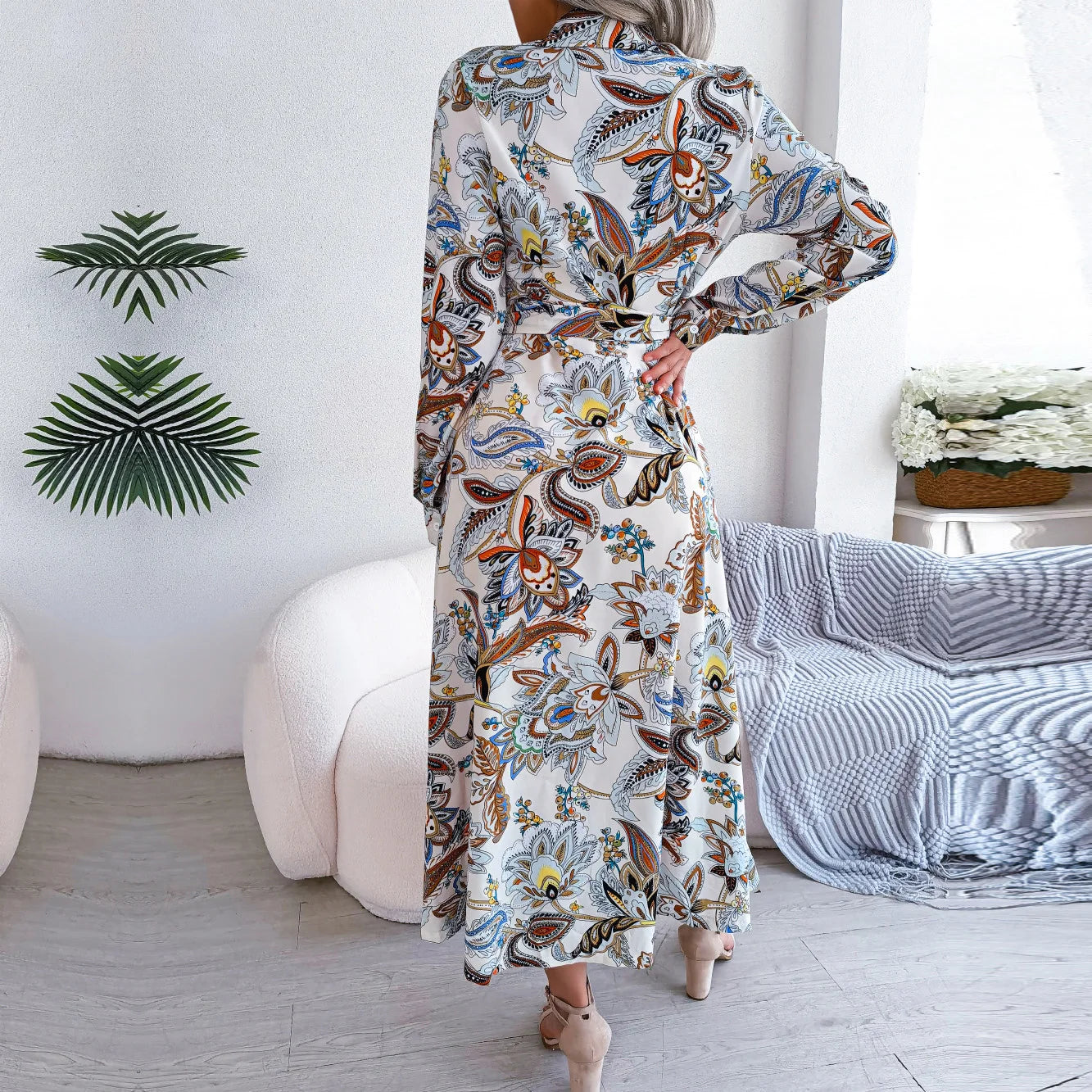 Ficusrong Women Spring Summer Retro Floral Collar Long Sleeve Tie Up Shirt Dress For Ladies Fashion All Match Print Dresses