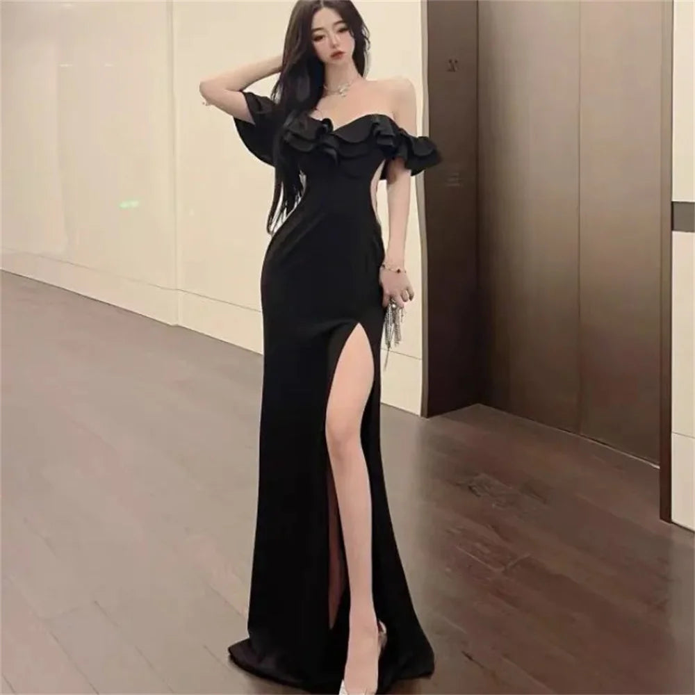 Red Sexy Backless High Waist Split Ruffles Package Hip Dress Elegant Off Shoulder Party Evening Dresses Women 2025 Summer Dress