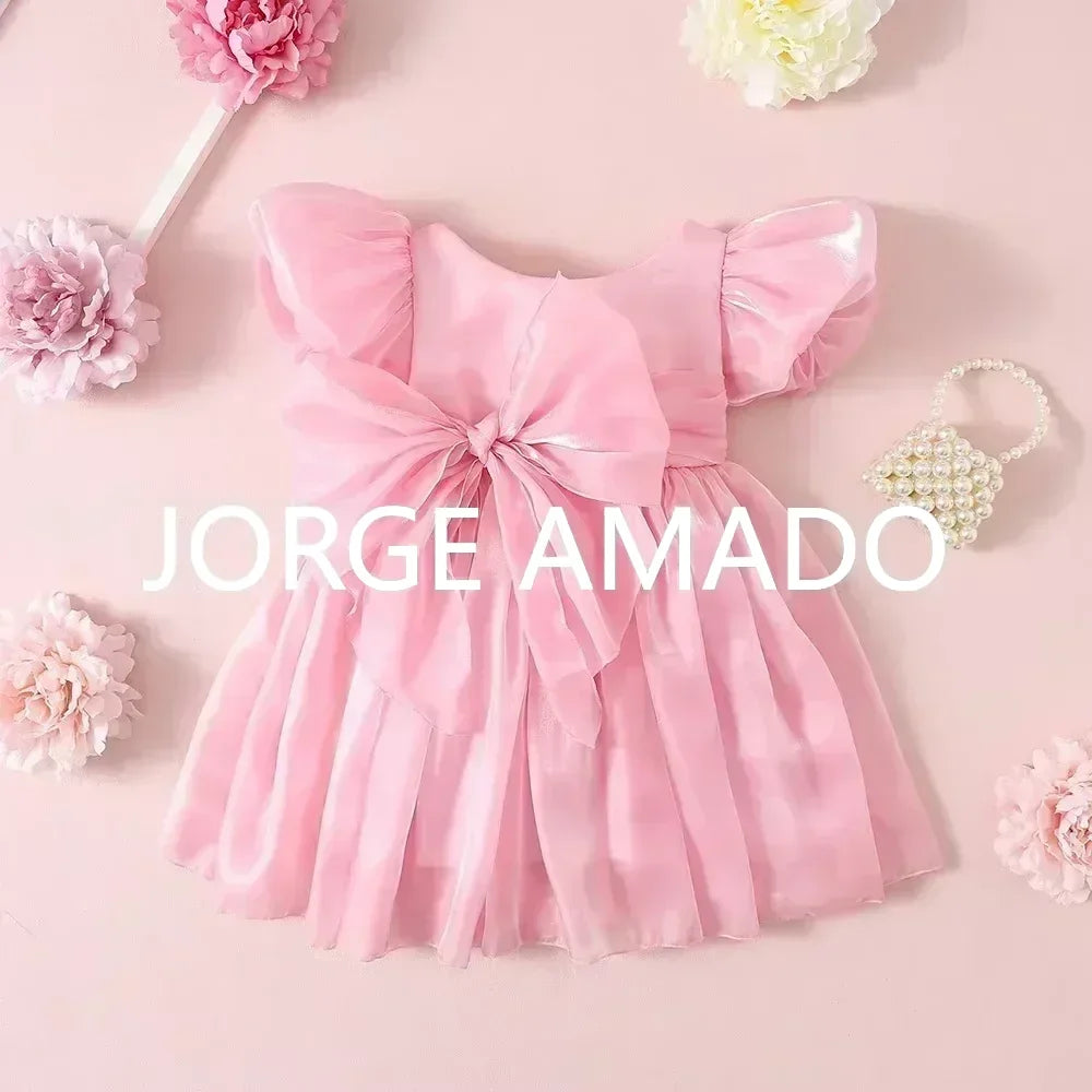 Baby Girl Summer Dress Short Puff Sleeves Large Bow Solid Round Neck Backless Princess Dresses Twins Daughter Clothing H0404