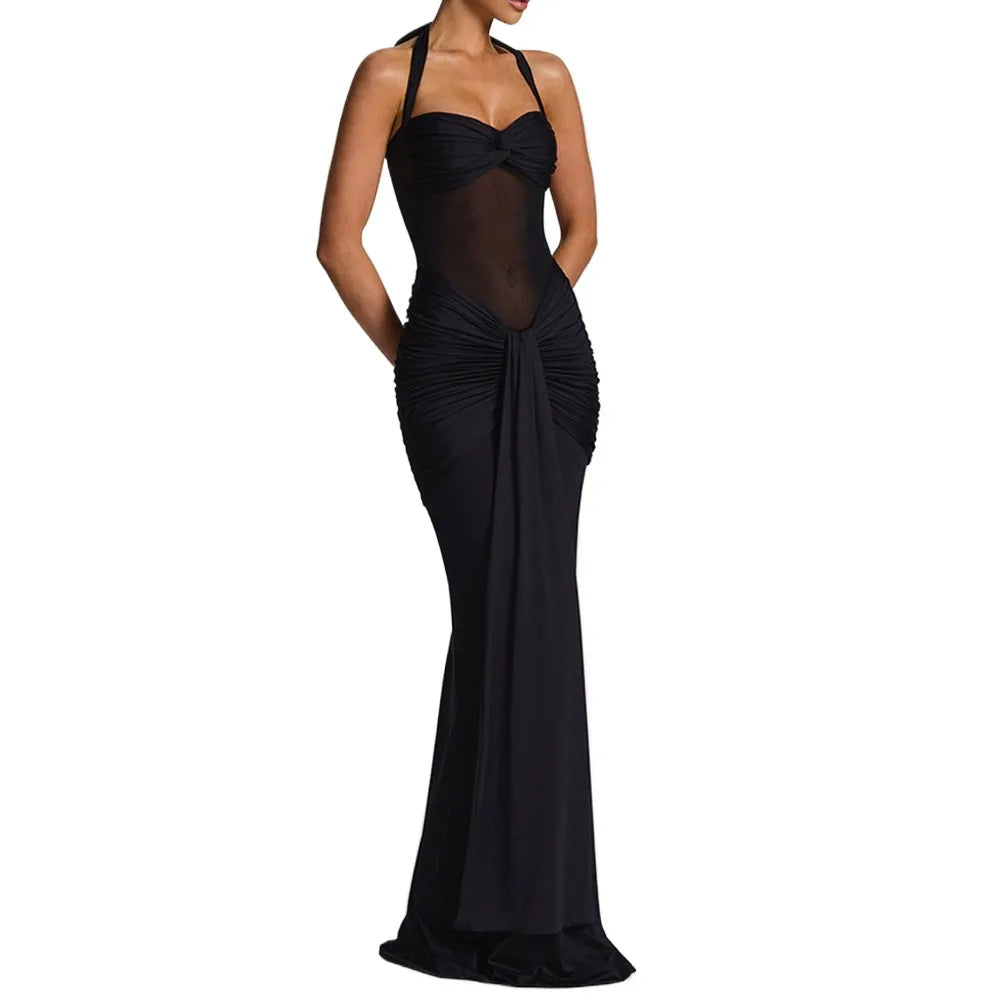 Women Evening Party Long Maxi Dress Elegant Mesh Patchwork Backless Slim Pleated Ribbon Tulip Vestidos OUFY-EYS250732