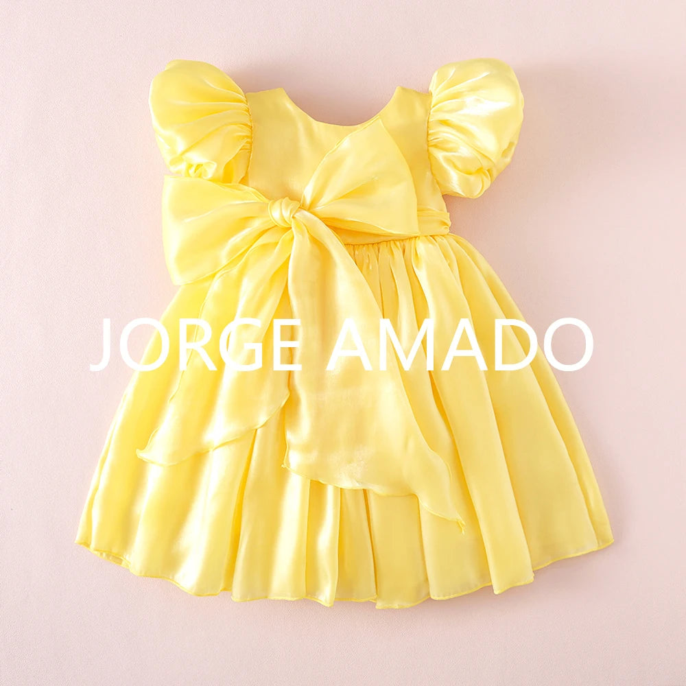 Baby Girl Summer Dress Short Puff Sleeves Large Bow Solid Round Neck Backless Princess Dresses Twins Daughter Clothing H0404