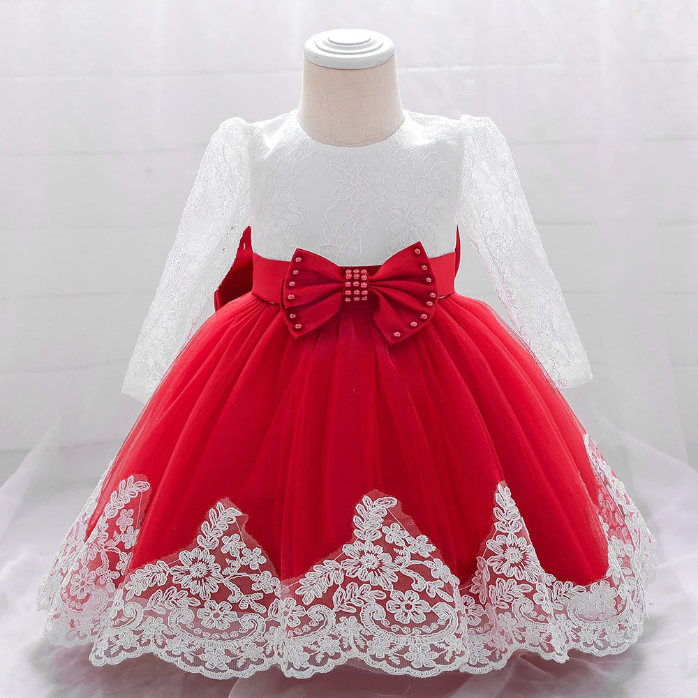 Baby Girls Dress Newborn Girl Long Sleeve Lace Party Wedding Dresses With Big Bow Infant Girl 1st Birthday Princess Dress