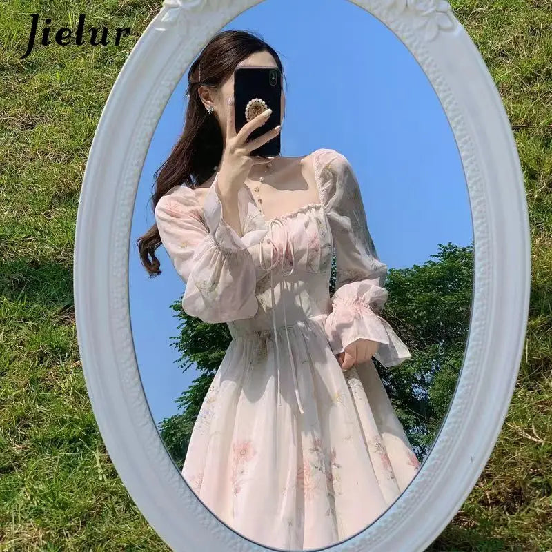 Jielur New Fashion Women Long Sleeved Chiffon Dresses Vintage Sweet Lace Up Women's Square Neck Long Bubble Sleeve A-line Dress