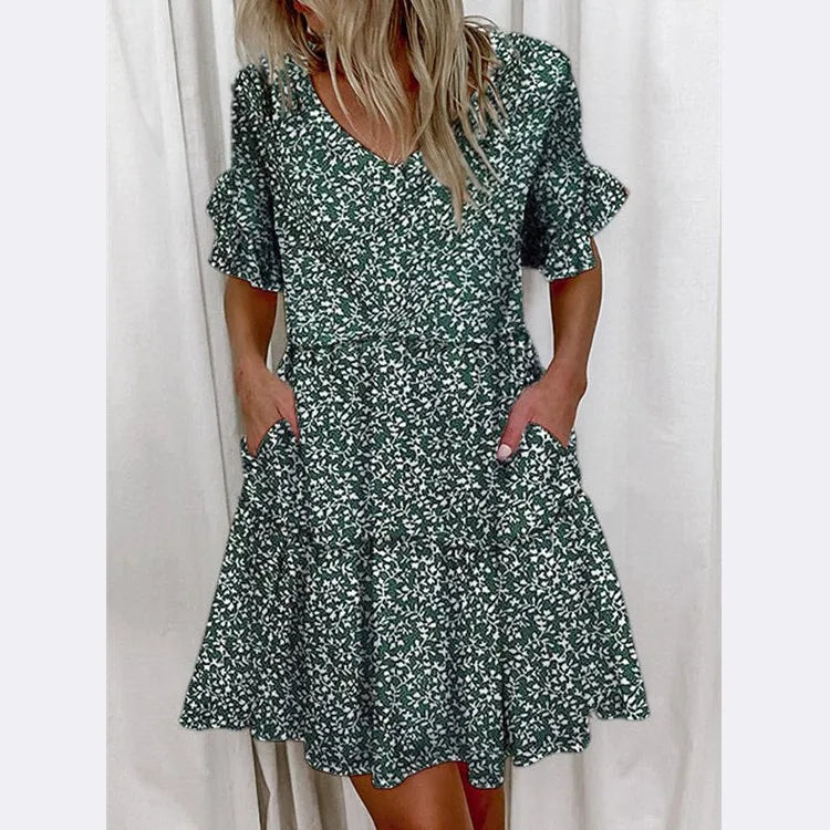 Women Summer Dress Casual V Neck Short Sleeve Butterfly Sleeve Floral Leaf Letter Print Mini Dresses Vestidos YSX9032