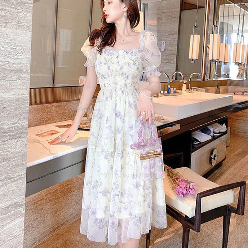 2026 Summer White Chiffon Long Dress Casual Floral Party Dress Elegant Short Sleeve Fairy Dresses for Women Sweet Beach Clothing